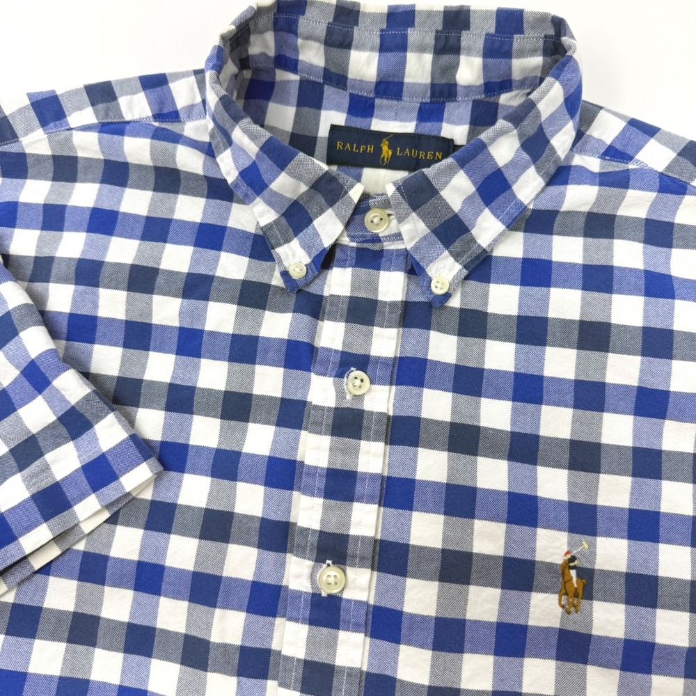 Ralph Lauren Mens Large Blue White Gingham Short Sleeve Button Down Shirt Pony